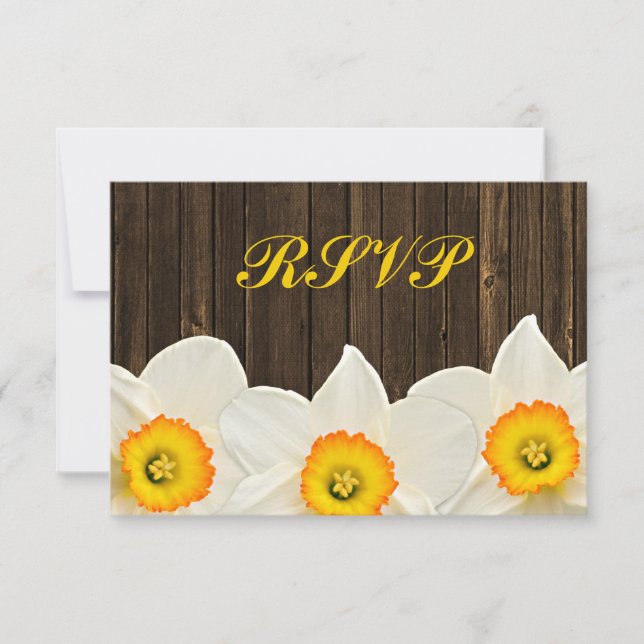 RSVP-Antwortkarte für Daffodil Barn Wood Wedding RSVP Karte (Vorderseite)