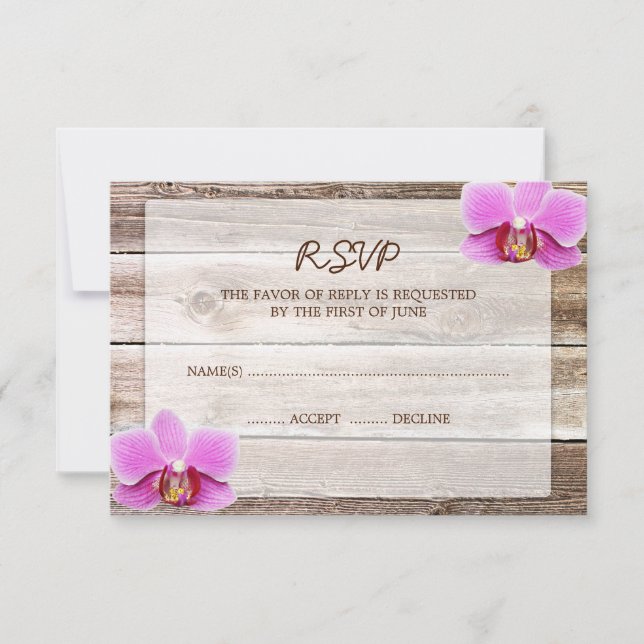 RSVP-Antwortkarte für Orchid Barn Wood Wedding RSVP Karte (Vorderseite)
