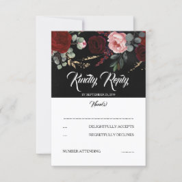 RSVP (Black and Burgundy Red Floral Wedding) Karte