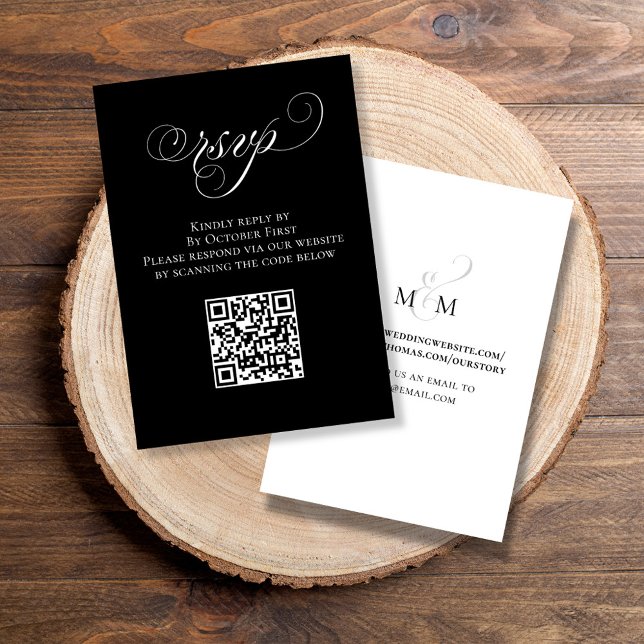 RSVP Black and White QR Code für Hochzeiten (Elegant RSVP enclosure card with calligraphy script and QR Code. )