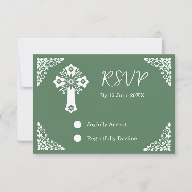 RSVP Card Blumenkreuz Christening Fern Green Karte (Vorderseite)