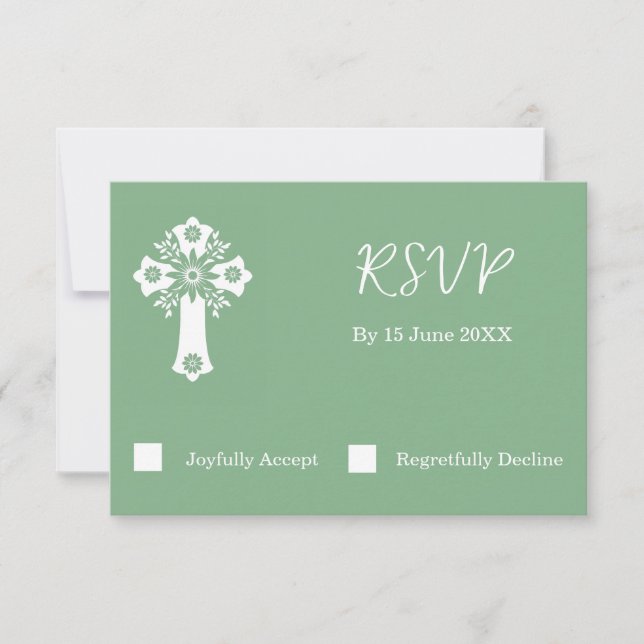 RSVP Card Blumenkreuz Christening Sage Green Karte (Vorderseite)