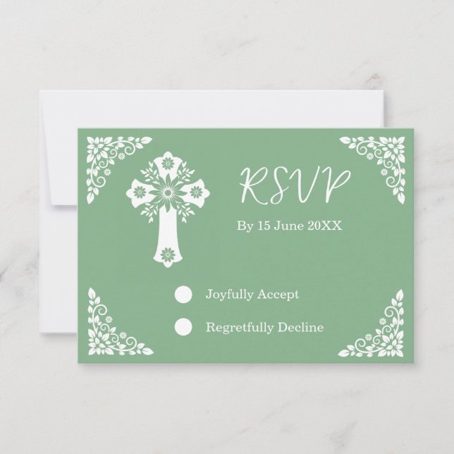 RSVP Card Blumenkreuz Christening Sage Green Karte (Vorderseite)