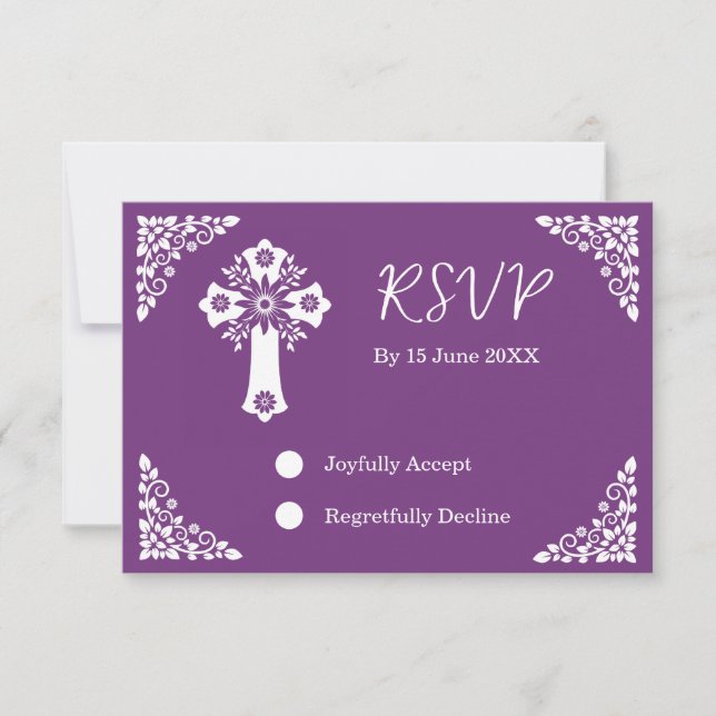 RSVP Card Blumenkreuz Christening Sweet Plum Karte (Vorderseite)