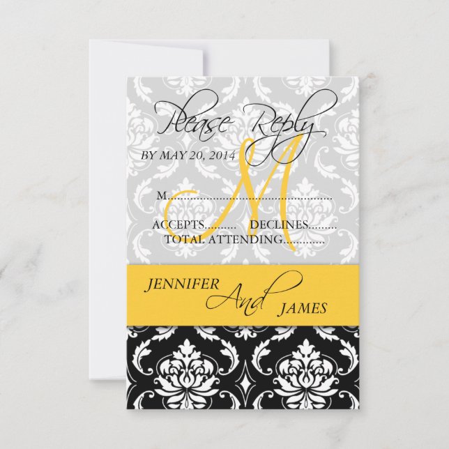 RSVP CARD Damask Monogram Name Yellow Einladung (Vorderseite)