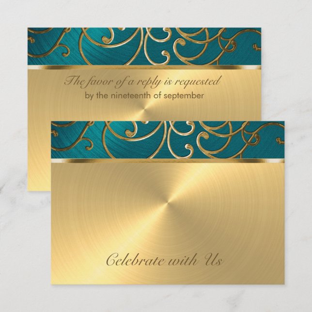 RSVP Card Elegant Aquamarin Blue and Gold Filigree Karte (Vorne/Hinten)