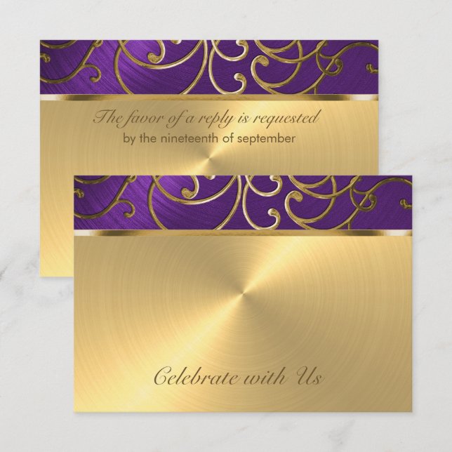 RSVP Card Elegant Lila und Gold Filigree (Vorne/Hinten)