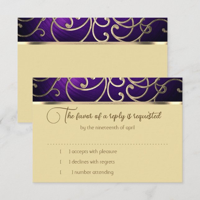 RSVP Card Elegant Lila und Gold Filigree Karte (Vorne/Hinten)