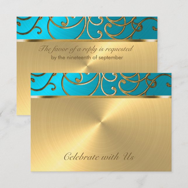 RSVP Card Elegant Türkis Blue Gold Filigree (Vorne/Hinten)