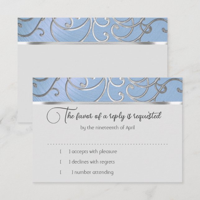 RSVP Card Elegante Sky Blue and Gold Filigree Einladung (Vorne/Hinten)