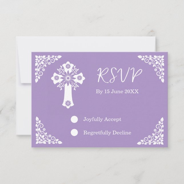 RSVP Card Floral Cross Christening Lilac Karte (Vorderseite)