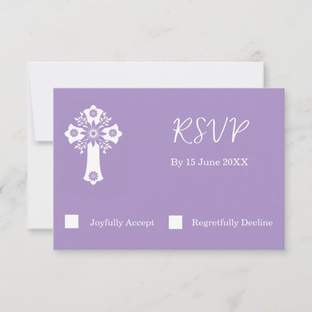 RSVP Card Floral Cross Christening Lilac Karte (Vorderseite)