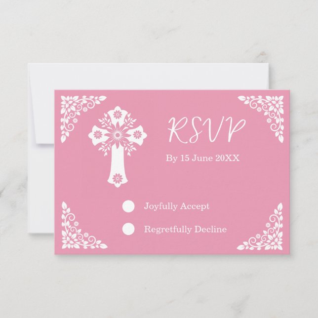 RSVP Card Floral Cross Christening Rose Pink Karte (Vorderseite)