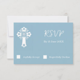 RSVP Card Floral Cross Christening Sky Blue Karte