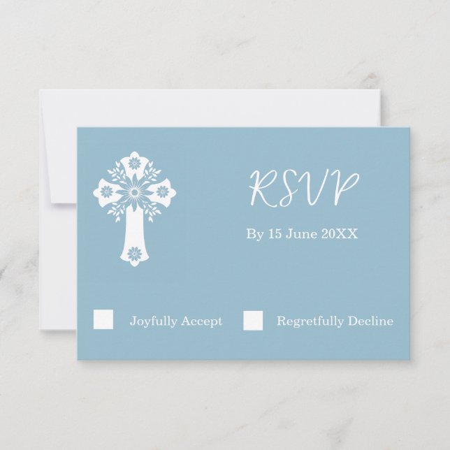RSVP Card Floral Cross Christening Sky Blue Karte (Vorderseite)