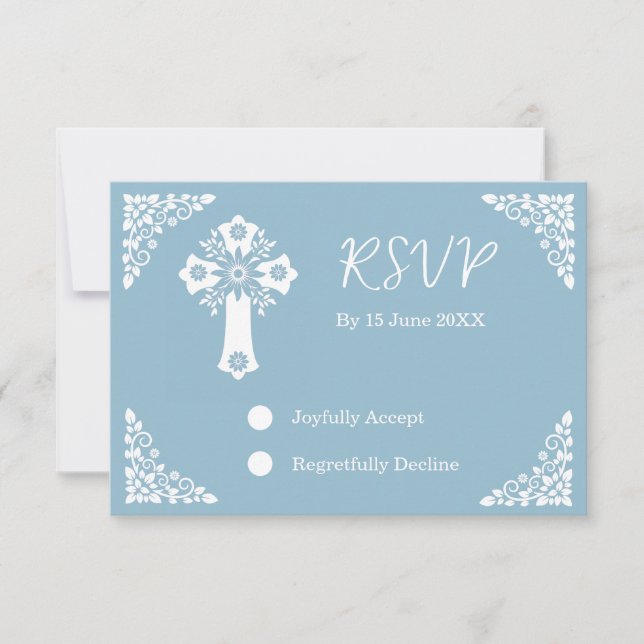 RSVP Card Floral Cross Christening Sky Blue Karte (Vorderseite)