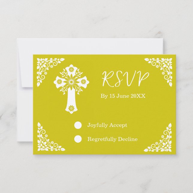 RSVP Card Floral Cross Christening Yellow Karte (Vorderseite)