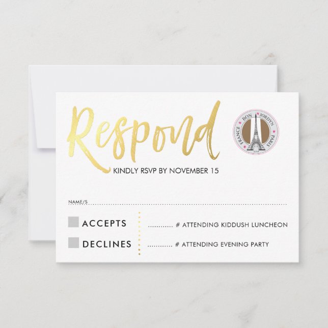 RSVP CARD Gold Skript Antwort rosa Herzen JORDYN1 (Vorderseite)