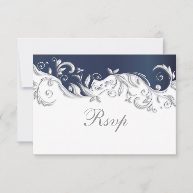 RSVP Card Hochzeit Navy Blue & White Floral Wirbel Karte (Vorderseite)