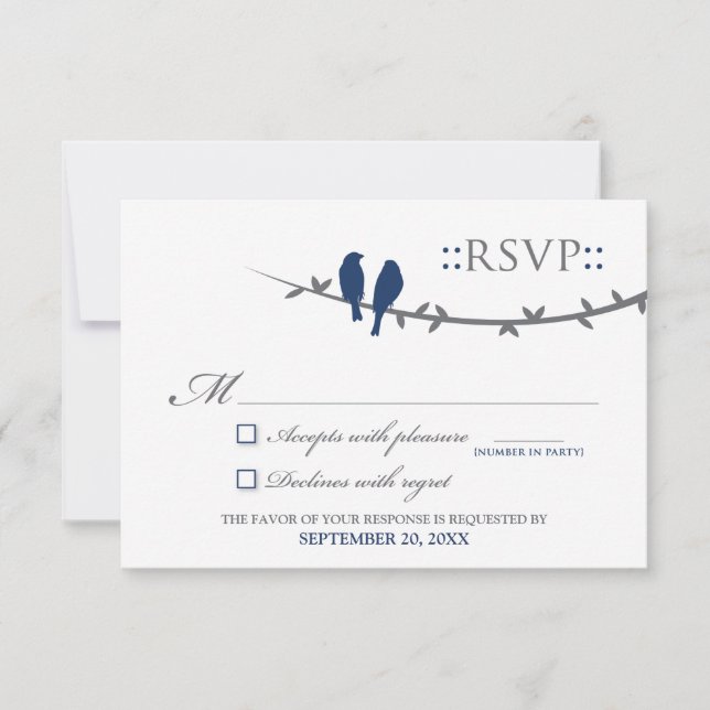 RSVP Card Love Birds (blau und weiß) (Vorderseite)
