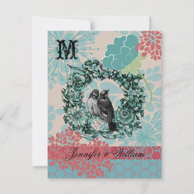 RSVP Card: Love Birds on Floral Wreath Wedding Karte (Vorderseite)
