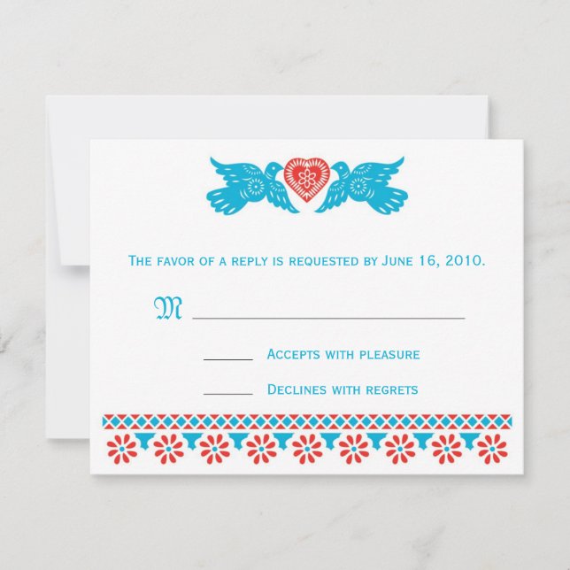 RSVP Card Love Birds - rot und blau (Vorderseite)