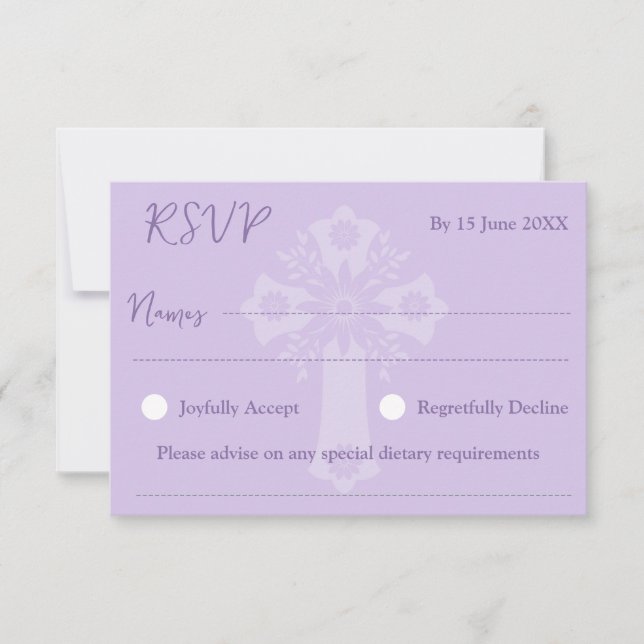 RSVP Card Style 1 Floral Cross Taufe Lilac (Vorderseite)