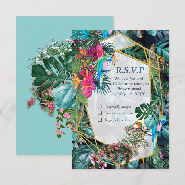 RSVP Card Tropical Flora Paradise & Birds (Vorne/Hinten)