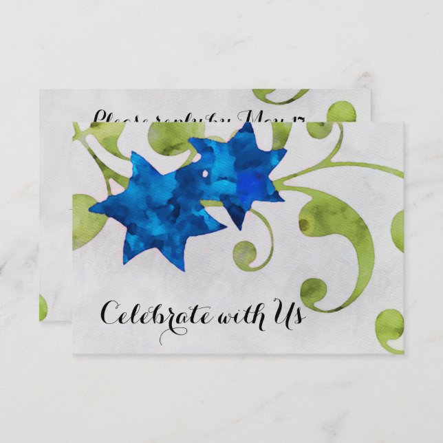 RSVP Card Watercolor Star Floral Design Blau Einladung (Vorne/Hinten)