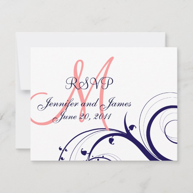 RSVP Card Wirbel Hochzeiten Navy Blue Coral Pink (Vorderseite)