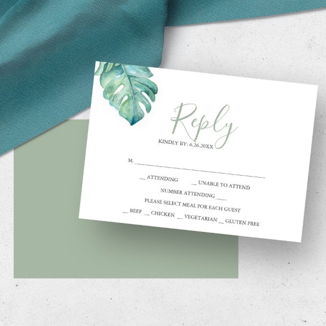 RSVP Cards für tropische Vegetation Karte (Wedding rsvp cards tropical monstera palm leaf watercolor art Victoria Grigaliunas Do Tell A Belle)