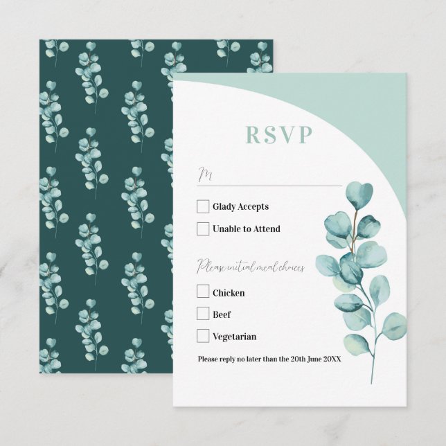 RSVP Cards Wedding Eukalyptus Blätter Green Karte (Vorne/Hinten)