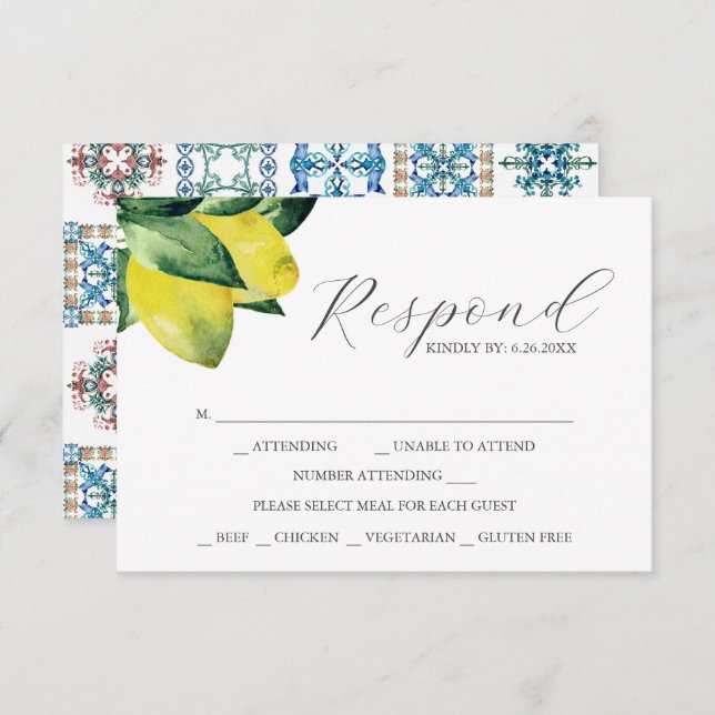 RSVP Cards with Meal Choice Lemon Amalfi Tile (Vorne/Hinten)