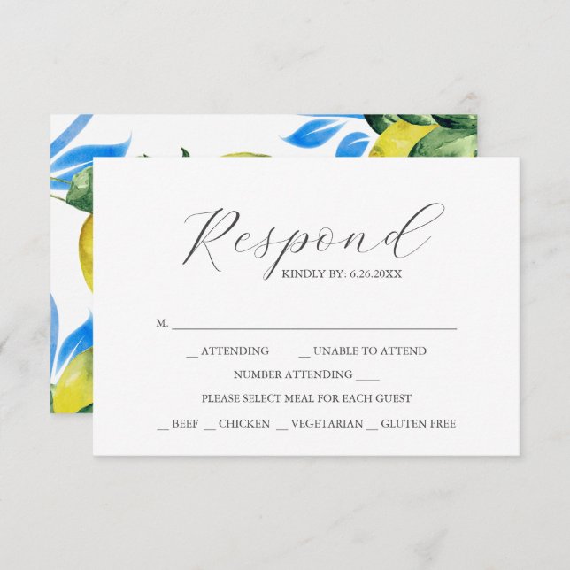 RSVP Cards with Meal Choice Watercolor Lemon  (Vorne/Hinten)