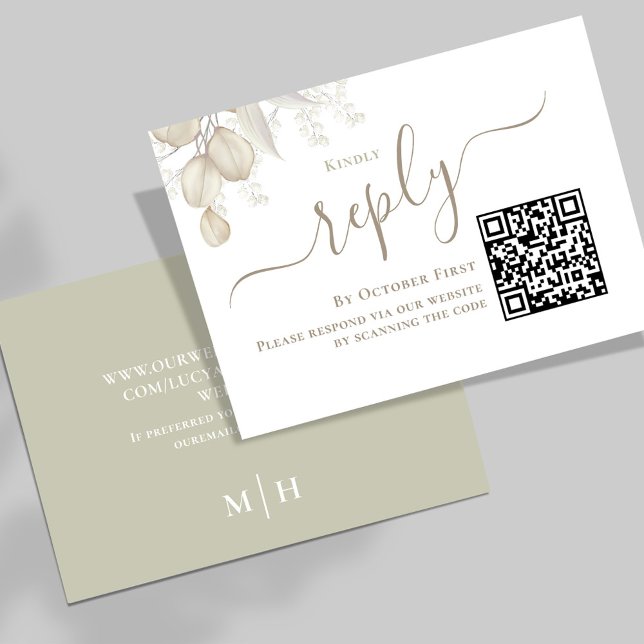 RSVP Custom Response für grüne Hochzeiten (Simple Wedding reply card with a sage green background and QR code template.)