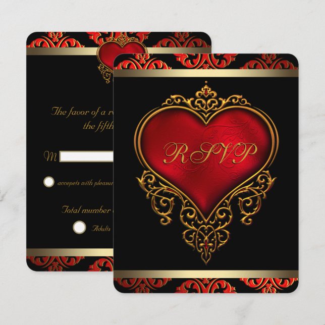 RSVP Einladung für Red Black and Gold Wedding (Vorne/Hinten)