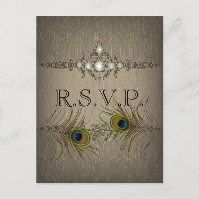 RSVP Einladung zur Vintagen Pfauenhochzeit (Vorderseite)
