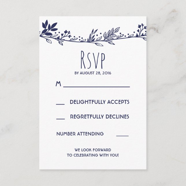 RSVP für die Hochzeit von weißem und marinem Flor Karte (Vorderseite)