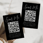 RSVP für einfache RSVP-Hochzeitsskripte in Schwarz Begleitkarte<br><div class="desc">Mit diesen modernen Hochzeitskarten mit QR-Code können Sie Ihre Hochzeit oder Veranstaltung ganz einfach UAWG machen. Die eleganten Hochzeitsgehäuse-Karten zeigen "Scan Me" in einem skurrilen weißen Skript mit schwarzem Hintergrund. Personalisieren Sie die Karte mit Ihrem UAWG, Ihrer Hochzeitswebsite und den Instruktionen für Gäste, die die Vorlagen verwenden. Auf der Kartenrückseite...</div>
