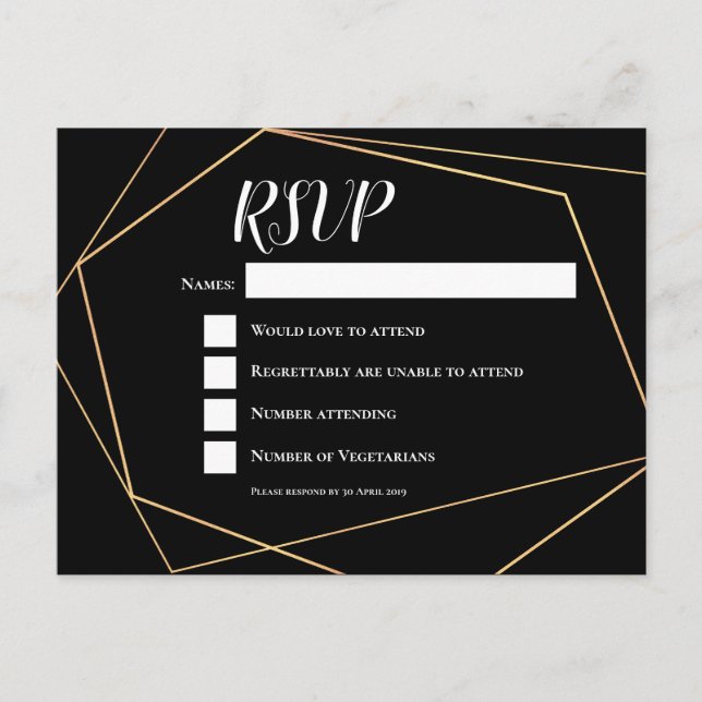 RSVP für elegante Schwarz-Gold-Geometrie Postkarte (Vorderseite)