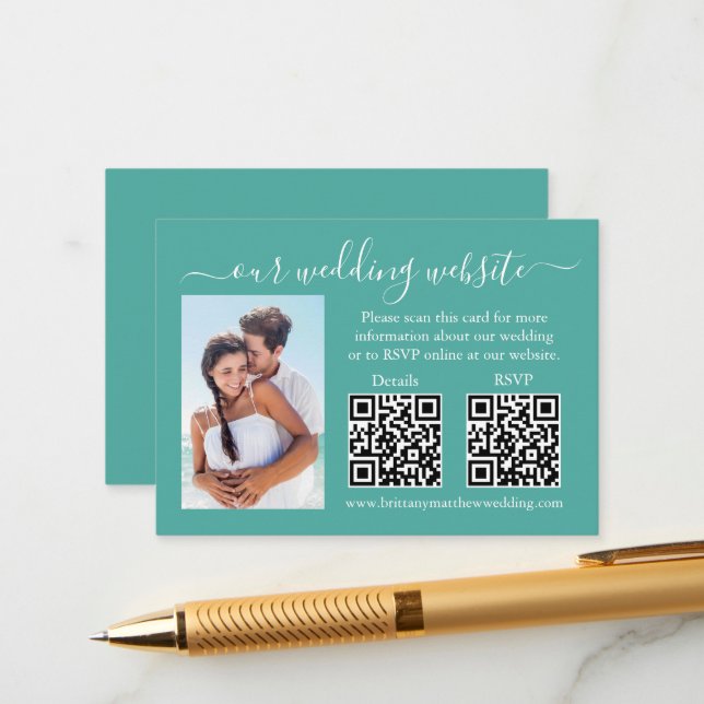 RSVP für Hochzeiten Details Foto 2 QR Aquamarin Begleitkarte (Vorderseite/Rückseite Beispiel)
