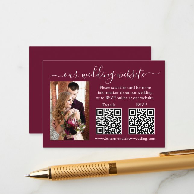 RSVP für Hochzeiten Details Foto 2 QR Burgundy Begleitkarte (Vorderseite/Rückseite Beispiel)