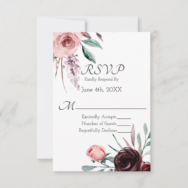 RSVP für Hochzeiten in Burgund und Rosa Karte (Vorderseite)