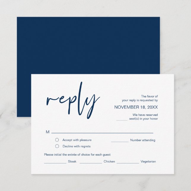 RSVP für Hochzeiten mit Essensmöglichkeiten, Navy  Begleitkarte (Vorne/Hinten)