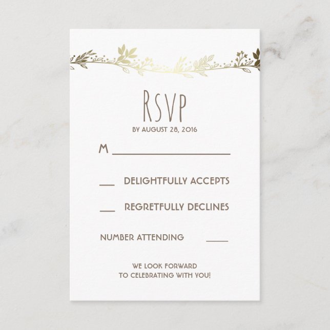 RSVP für Hochzeiten mit weißer und goldener Flora Karte (Vorderseite)