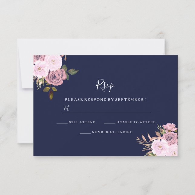 RSVP für Hochzeiten von Navy Blue & Rose Gold Flor Karte (Vorderseite)