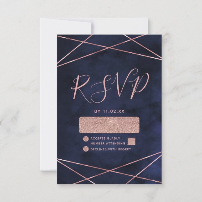 RSVP für Hochzeiten von Navy Blue & Rose Gold Geom Karte (Vorderseite)