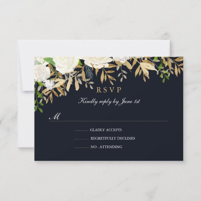 RSVP für Hochzeiten von Navy Gold Floral Watercolo (Vorderseite)
