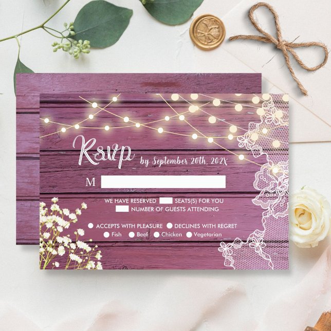 RSVP für lila Holzstring-Leuchten und Hochzeitssze Karte (Von Creator hochgeladen)