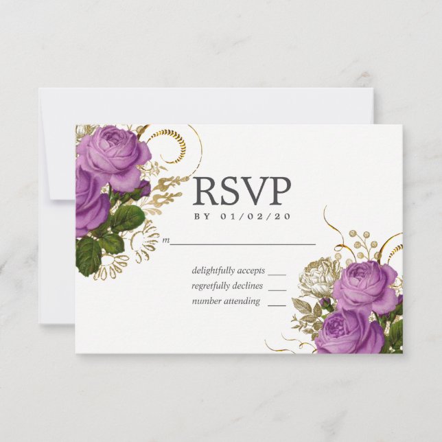 RSVP für lila und goldene Vintag-Chic-Hochzeit (Vorderseite)